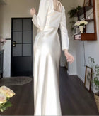 White Square-Neck Satin Slit Maxi Dress - White / Long Sleeves