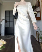White Square-Neck Satin Slit Maxi Dress - White / Long Sleeves