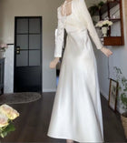 White Square-Neck Satin Slit Maxi Dress - White / Long Sleeves