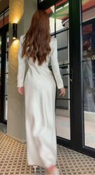 White Square-Neck Satin Slit Maxi Dress - White / Long Sleeves
