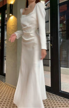 White Square-Neck Satin Slit Maxi Dress - White / Long Sleeves