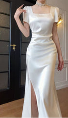White Square-Neck Satin Slit Maxi Dress - White / Short Sleeves
