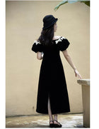Black Velvet Bow-Shoulder Fishtail Midi Dress - garment detail