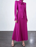 Magenta Bow-Neck Pleated Long-Sleeve Maxi Dress - garment detail