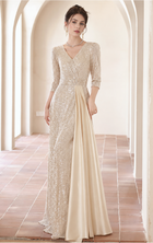 Champagne Gold V-Neck Sequin Evening Gown - Champagne Gold