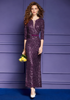 Sequin V-Neck Three-Quarter-Sleeve Midi Dress - Plum