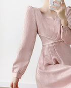 Pink Puff-Sleeve Ruched Midi Dress - garment detail