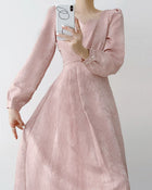 Pink Puff-Sleeve Ruched Midi Dress - garment detail