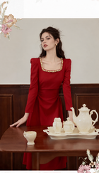 Burgundy Square-Neck Ruched Long-Sleeve Midi Dress - Burgundy