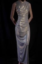 Silver One-Shoulder Metallic Draped Maxi Dress - garment detail