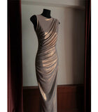 Silver One-Shoulder Metallic Draped Maxi Dress - garment detail