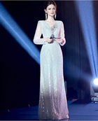 Silver V-Neck Long-Sleeve Sequin Maxi Dress - Silver