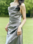 Iridescent Cowl-Neck Slip Maxi Dress - Silver Grey