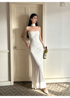 White Strapless Ruched Satin Maxi Dress - White