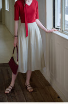 Vintage Plant Embroidered Lyocell Two-Piece Set - V-Neck Puff Sleeve Top & Midi Skirt