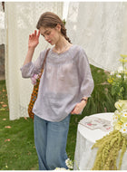 Vintage Linen Lace Square Neck Blouse Women 3/4 Sleeve Bohemian Top