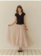 French Style Flowy Chiffon Maxi Skirt Women A-Line Ruffle Hem Long Skirt