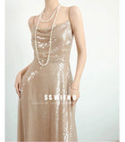 Champagne Sequin Ruched Tie-Side Maxi Dress - garment detail