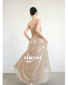 Champagne Sequin Ruched Tie-Side Maxi Dress - garment detail