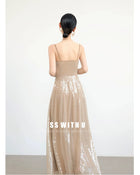 Champagne Sequin Ruched Tie-Side Maxi Dress - garment detail