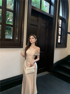 Draped One-Shoulder Fitted Dress - Beige / Long