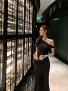 Draped One-Shoulder Fitted Dress - Black / Long