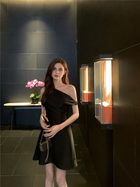 Draped One-Shoulder Fitted Dress - Black / Mini