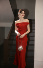 Draped One-Shoulder Fitted Dress - Burgundy / Long