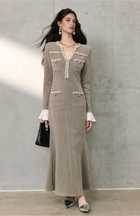 Contrast Trim Long Sleeve Mermaid Maxi Dress - Blue Gray