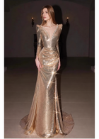 Gold V-Neck Long-Sleeve Sequin Mermaid Maxi Dress - Gold