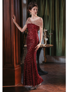 Sequin Off-Shoulder Mermaid Maxi Dress - Burgundy
