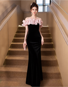 Black and Blush Ruffle Off-Shoulder Maxi Dress - Black and Blush