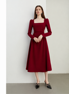 Burgundy Square-Neck Long-Sleeve A-Line Midi Dress - Burgundy