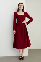 Burgundy Square-Neck Long-Sleeve A-Line Midi Dress - Burgundy