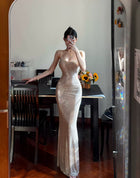Rhinestone-Strap Fitted Maxi Dress - Nude