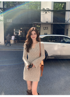 V-Neck Long-Sleeve Fitted Knit Mini Dress, apricot, front view
