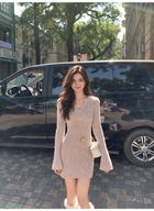 V-Neck Long-Sleeve Fitted Knit Mini Dress, pink, front view