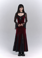 Gothic V-Neck Lace Long-Sleeve Maxi Dress - Burgundy