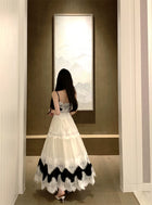 Black and Cream Lace-Trim Tiered Maxi Dress, BlackCream, back standing