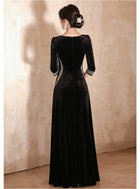 Black Velvet Scoop-Neck Three-Quarter-Sleeve Maxi Dress - garment detail