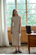 French Polka Dot Linen Blend Ruched Waist Midi Dress