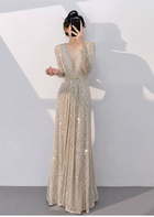 Apricot Silver Sequin Long-Sleeve Mermaid Maxi Dress - Apricot Silver