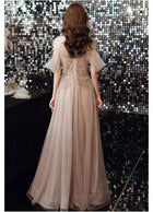 Champagne Pink Halter Tulle Maxi Dress - garment detail