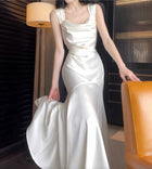 White Cowl-Neck Satin Mermaid Maxi Dress - garment detail