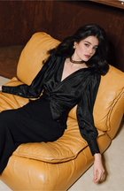 V-Neck Twist Front Long Sleeve Dress - Black
