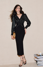 V-Neck Twist Front Long Sleeve Dress - Black