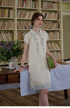 Embroidered Cotton Two-Piece Set Peter Pan Collar Blouse & Midi Skirt
