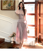 Ruched Long-Sleeve Satin-Finish Occasion Dress, pink purple, front view