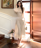 Ruched Long-Sleeve Satin-Finish Occasion Dress, apricot, front view