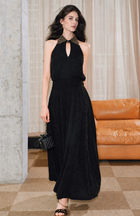 Metallic Stripe Halter Pleated Maxi Dress - Black